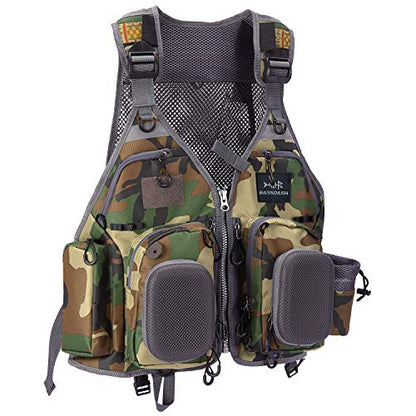 BASSDASH Strap Fishing Vest Adjustable for Men and Women, for Fly Bass Fishing and Outdoor Activities - color: F22 - Green Camo