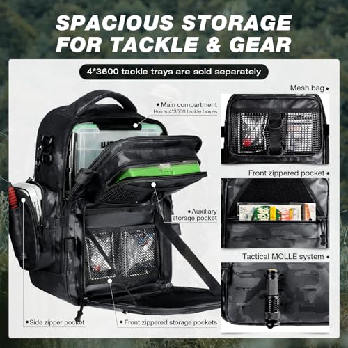 Ghosthorn Fishing Backpack with Tackle Boxes Fish Lip Gripper Pliers Lures Waterproof Tackle Bag with Rod Holder Fishing Gear - color: Tpu Black, size: Large