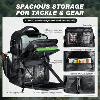Ghosthorn Fishing Backpack with Tackle Boxes Fish Lip Gripper Pliers Lures Waterproof Tackle Bag with Rod Holder Fishing Gear - color: Tpu Black, size: Large