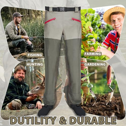 Waist Wader Pants for Men and Women, 3-Ply Breathable Waterproof Fishing Waders with Pockets and Durable Stockingfoot - size: Medium