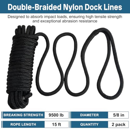 2 Pack 5/8" x 15' Boat Dock Lines, Improved Double Braided Nylon Boat Ropes for Docking with 15" Loop, Hurricane-Resistant Grade Marine Rope for Sailboats,Pontoons,Fishing Boats, Black - size: 5/8" x 15' (Pack of 2)