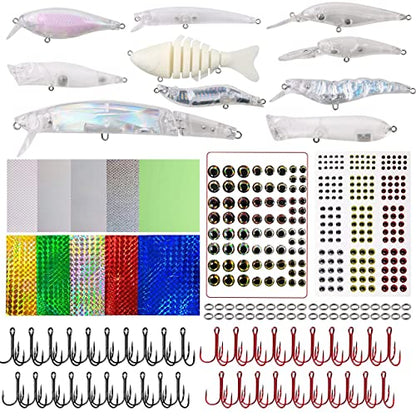 Unpainted Fishing Lures Making Kit DIY Crankbaits Minnow Kit - 321/355pcs Blank Hard Bait Lure Set Include Pliers Treble Hook Split Rings Lure Eyes Stickers Making Supplies Make Your Own Fishing Lures - color: 355pcs