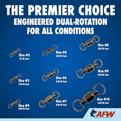 AFW Solid Brass Ball Bearing Fishing Swivels with Double Welded Rings - Patented Bullet Shaped Head for Reduced Water Resistance, Black Finish, Fishing Tackle, Up to 660lb Test