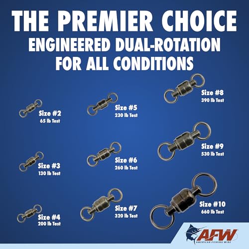 AFW Solid Brass Ball Bearing Fishing Swivels with Double Welded Rings - Patented Bullet Shaped Head for Reduced Water Resistance, Black Finish, Fishing Tackle, Up to 660lb Test