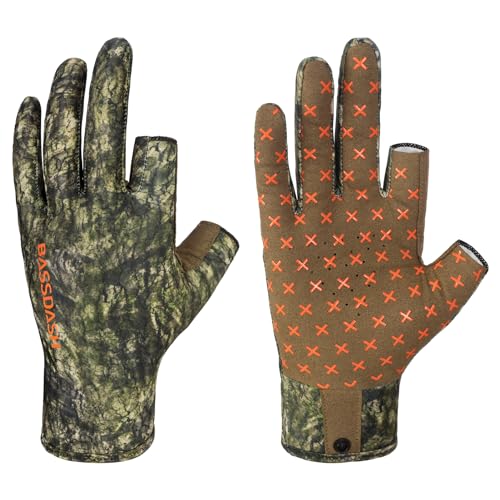 BASSDASH Unisex Fingerless Camo Hunting Gloves for Men's Women's Early Season Warm Weather UPF 50+ Lightweight Fishing Photography HG03 - color: Moss Wood, size: Large