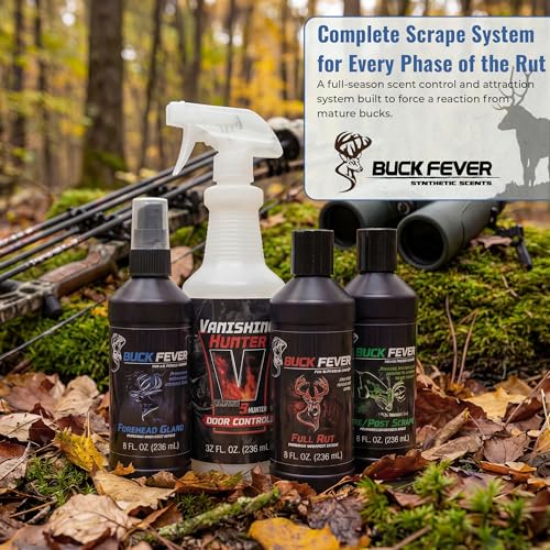 Buck Fever Synthetic Buck Lure Pro Pack – Synthetically Formulated 4-Piece Deer Scent Attractant Combo w/ Vanishing Hunter 32 oz, Rut Scents 8 oz & Forehead Gland 8 oz - Fresh, Non Spoiling Deer Lure