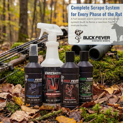 Buck Fever Synthetic Buck Lure Pro Pack – Synthetically Formulated 4-Piece Deer Scent Attractant Combo w/ Vanishing Hunter 32 oz, Rut Scents 8 oz & Forehead Gland 8 oz - Fresh, Non Spoiling Deer Lure