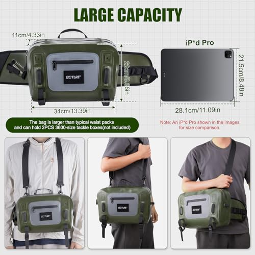 Goture Waterproof Fishing Waist Pack, IPX8 840D TPU Large Tackle Bag with Rod Holder, Airtight Zipper Closure, Fly Fishing Bag with Adjustable Waist Strap, Sling Fanny Pack with 16pcs Popper Flies - color: D1:Fly Fishing Bag with 16pcs Popper Flies