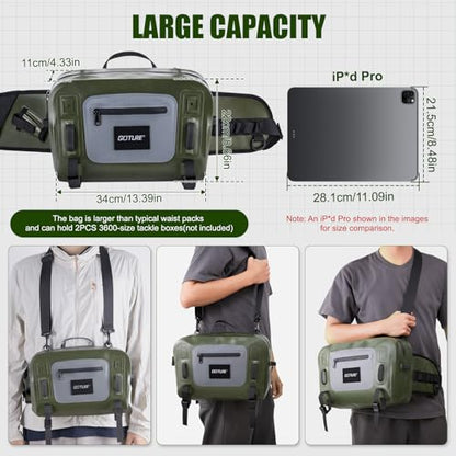 Goture Waterproof Fishing Waist Pack,IPX8 840D TPU Large Tackle Bag with Rod Holder,Airtight Zipper Closure,Fly Fishing Bag with Adjustable Waist Strap,Sling Fanny Pack with Lanyard,Forceps,Nipper - color: D3:Fly Fishing Bag with Knot Tying Tools