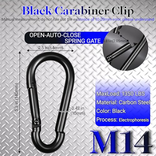 12 Pack 5.5" Heavy Duty Carabiner Clips, M14 Black Galvanized Steel Spring Snap Hooks, Rust-Resistant Keychain Clips for Hammock, Camping, Hiking, Fishing, Swing Set - color: Black, size: M14-5.5"