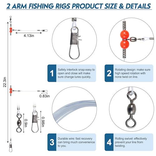 Fishing Leader Rigs Saltwater Tackle Rigs with Swivels Snaps, High Strength Wire Leaders Rigging Surf Fishing Gear Equipment for Lures Bait Hooks Catfish Walleye - color: Blue Nylon Leader, size: 12PCS, style: 2 Arm