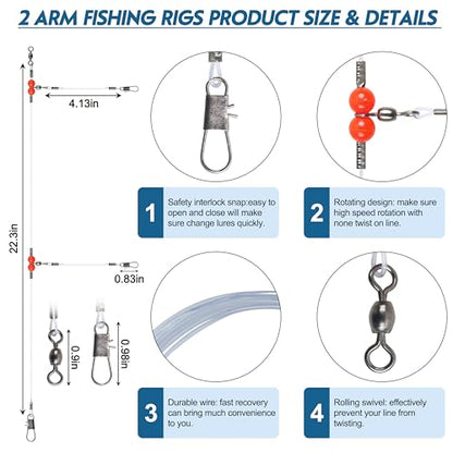 Fishing Leader Rigs Saltwater Tackle Rigs with Swivels Snaps, High Strength Wire Leaders Rigging Surf Fishing Gear Equipment for Lures Bait Hooks Catfish Walleye - color: Blue Nylon Leader, size: 12PCS, style: 2 Arm