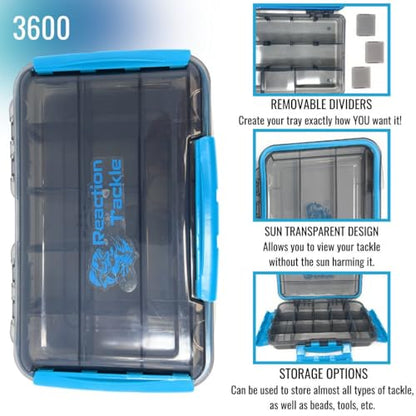Reaction Tackle Premium Tackle Trays, Water Resistant Fishing Tackle Box Organizers with Triple Clip Closure, Removable Dividers and Clear View Design - 3600 (2-Pack) - size: 3600 (2-Pack)