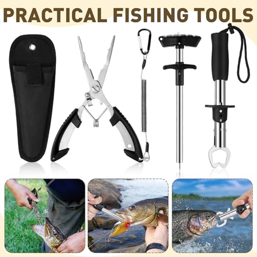 RoundFunny 9 Pcs Fishing Tool Kit Pliers Gear and Equipment Include Large Fishing Backpack, Tackle Box, Gripper, Plier, Lanyard, Hook Separator, Sheath, Patches - color: Wolf Brown
