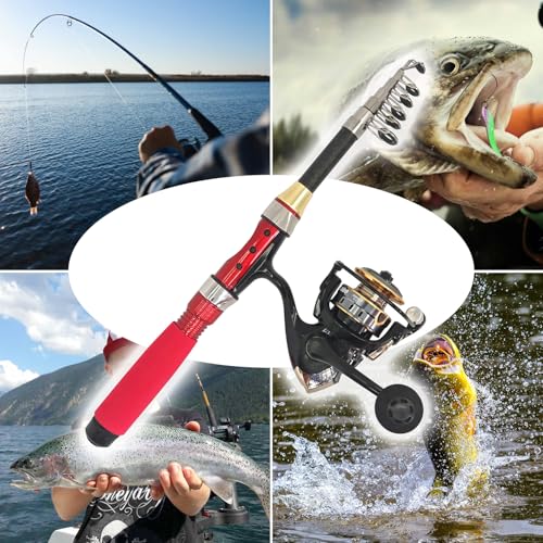 Portable Compact Small Fishing Rod and Reel Combos, 4.9Ft Telescopic Fishing Pole and Metal Spool Reel with Line, Hook, Lure, Bag for All Season Travel Fishing, for Teens & Beginners - color: Red- Full Kits