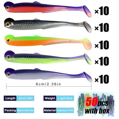Paddle Tail Swimbaits,Soft Plastic Fishing Lures Swim Baits for Bass Fishing,30/50pcs with Box,Soft Plastic Swimbaits for Bass Trout Crappie Lures Kit for Saltwater Freshwater - color: F:2.36in/0.05oz-50pcs