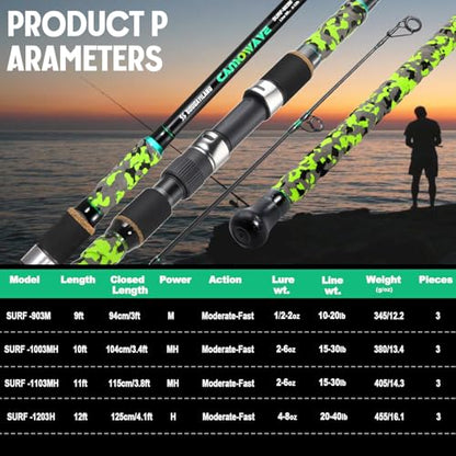 Sougayilang Surf Spinning Fishing Rod Carbon Travel Surf Rod M/MH 3 Piece Spinning Fishing Rod 9'/10'/11'/12' - color: green, size: 9ft-Spinning-3Pc-M