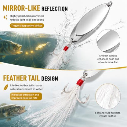 5Pcs Fishing Lures Fishing Spoons,Metal Fishing Spoons Lure with Feather Treble Hooks, Casting Spinner Baits for Trout Bass Salmon Freshwater Saltwater Fishing - color: 5PCS(Silver )