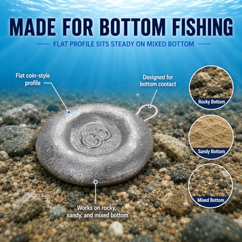 No Roll Disc Sinkers Fishing Weights, Coin Sinkers with Metal Eye, Flat Round Lead Weights for Catfish Rigs, Surf, Pier, Bottom, Saltwater & Freshwater Fishing - size: 20 Pcs / 4 Sizes