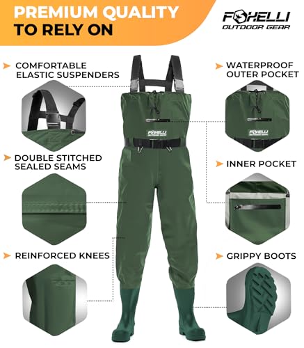 Foxelli Chest Waders – Waterproof 2-ply Nylon/PVC Camo Hunting Fishing Waders for Men and Women with Boots - color: Green, size: 8