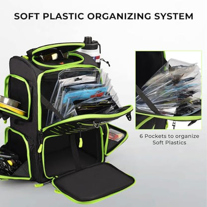 KastKing Bait Boss Fishing Tackle Backpack with Rod Holders-4 Tackle Boxes-Rain Cover,Storage for Fishing Gear - color: C: Grass Green