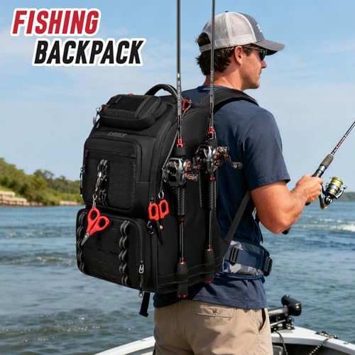 Fishing Tackle Backpack, 40L Tackle Bag with 2 Rod Holders & 4 Tackle Boxes, Water-Resistant Large Storage Fishing Gear and Equipment, Fisher Gifts for Men, Black - color: B-Black with 4 Tackle Boxes