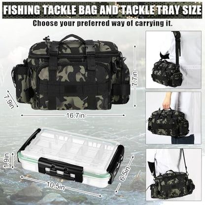 Fishing Tackle Bag with 3 Pcs 3600 Tackle Trays Expandable Soft Fishing Bag Waterproof Camouflage Gear Backpack Padded Shoulder Strap Angler Gear Storage Gifts for Fishermen(Green) - color: Green