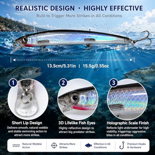 5.3" Minnow Fishing Lures Set, 3PCS Long Casting Jerkbait Minnows with Tackle Box, Multi-Color Hard Baits for Bass, Trout, Walleye & Pike Fishing