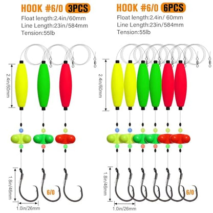 Dovesun Pre-Tied Catfish Rig System, 23 Inch 55LB Santee Cooper Catfish Float Rig with Adjustable EVA Slip Float and High Carbon Circle Hooks 5/0 6/0 8/0, Ready-to-Fish for River and Bank Fishing - color: Cigar Float-6/0Hook * 3PCS