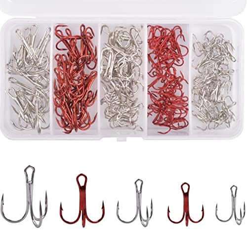 Fishing Treble Hooks Kit, Sharp Replacement Treble Hooks for Lures Baits, High Carbon Steel Fishing Hooks with Stainless Steel Split Rings Set for Bass Trout Walleye Pike - color: Red+Silver_150pcs