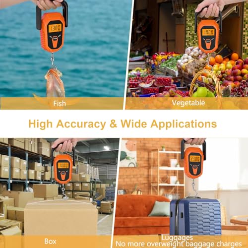 Fish Scale, Waterproof Floating Fishing Scale with Lip Gripper, 110lb/50kg Hanging Digital Fish Digital Scale, Floating with LCD Backlit, Tape Measure for Fishing Hunting, Batteries Included - color: Orange
