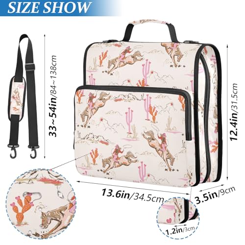 Western Cowgirl Cactus Pink Zipper Binder Bag 3 Ring with Shoulder Strap Zippered Binder Fits 13 Inch Laptop File Folder Document Organizer for College Office Supplies - color: Western Cowgirl Cactus Pink