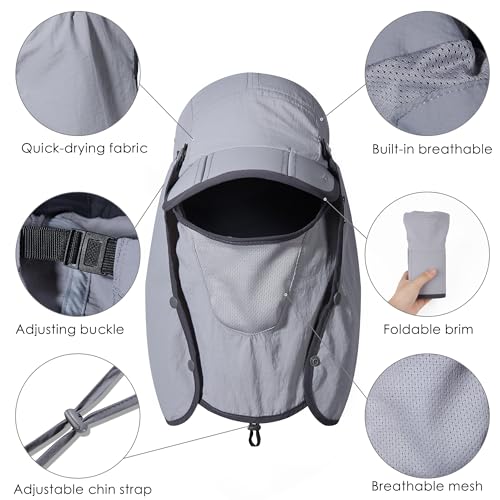 GADIEMKENSD UPF 50+ Folding Fishing Hat 360 Outdoor Sun Hat - color: Light Grey