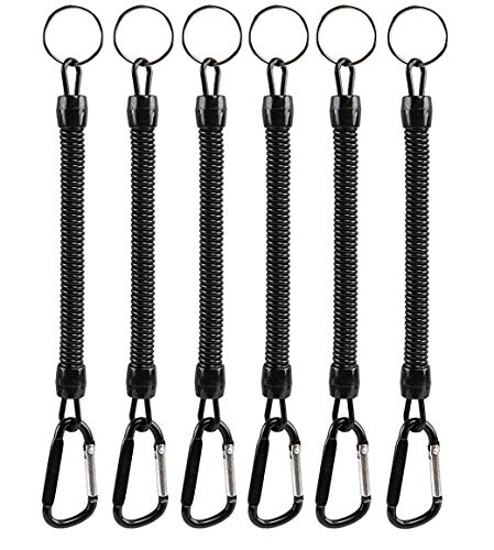 Pack of 6 Black Coiled Fishing Lanyard with Carabiner Fishing Ropes Secure Pliers Lip Grips Tackle Fish Tools