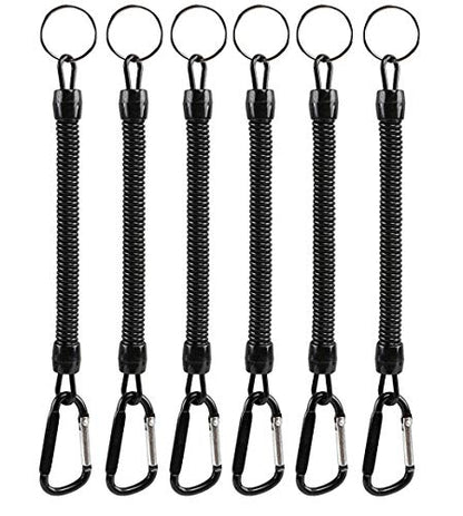 Pack of 6 Black Coiled Fishing Lanyard with Carabiner Fishing Ropes Secure Pliers Lip Grips Tackle Fish Tools