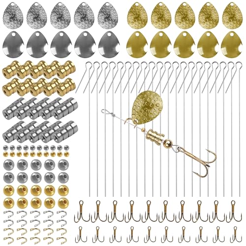 Fishing Lure Making Kit - 140pcs Spinner Making Kit Fishing Spoon Rigs Spinnerbaits DIY Acceessoires Shaft Spinner Blade Clevis Treble Hooks Fishing Spinner Blade Beads Craft Fishing Lure Making Gear