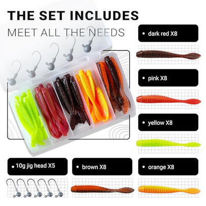 Soft Plastic Fishing Lures 45-Piece Kit with Jig Heads | Realistic Leaf Tail TPE Swimbaits | Lifelike Swimming Action Bass Baits for Freshwater & Saltwater Game Fish