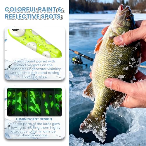Natufish Glow Ice Fishing Jigs | Winter Ice Fishing Lures Set | Micro Jig Head for Pike, Panfish, Crappie, Perch, Walleye, Trout, Bluegill - with Storage Box - color: 28pcs