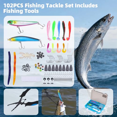 Jaylene 16.5Inch Fishing Backpack with Tackle Boxes, Fishing Backpack with Rod Holder, Waterproof Sling Tackle Bag For Gear With Lures, Pliers, Fish Lip Gripper Gifts for Men（103PCS Tool Kit）