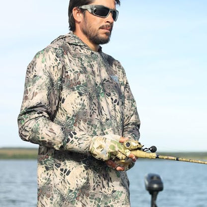KastKing Agies Fishing Gloves Men, UPF 50+ Sun Gloves UV Protection, Cooling Quick-Dry 3/4 Fingerless Gloves with Extended Cuff, Microfiber Palm & Pull Tabs, for Fishing, Kayaking, Hiking, Hunting - color: X Camo-Multi Purpose, size: Large-X-Large