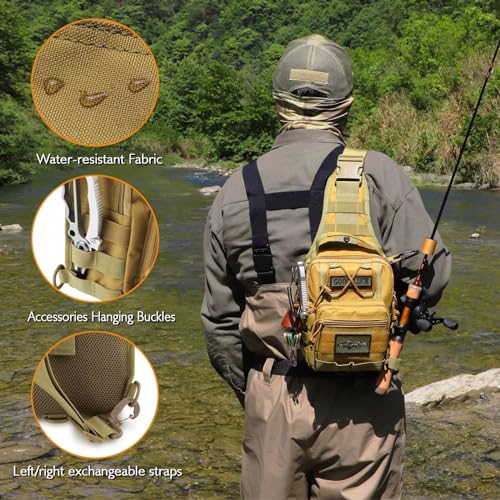 Dovesun Small Fishing Backpack, Waterproof Fly Fishing Sling Pack Tackle Bag with Tackle Boxes - color: D-Size:17.7*8.5*5.7in-Khaki(NO TACKLE BOX)