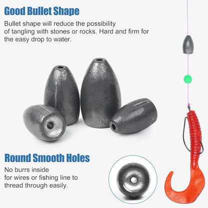 Bullet Fishing Sinkers Weights Worm Weights for Bass Fishing Slip Sinkers for Pitching and Flipping Texas Rigs Saltwater Freshwater - style: Mixed Sizes-29pcs