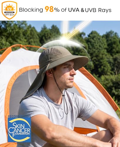 Home Prefer UPF 50+ Sun Hats for Men Women Wide Brim Fishing Hat with Neck Flap UV Protection Sunblock Safari Bucket Hat - color: Army Green