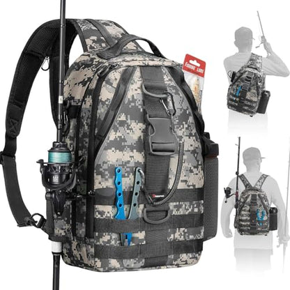 Piscifun Fishing Backpack with Rod Holder, Lightweight Sling Bag Storge Gear and Equipment - color: Digital Camouflage, size: Large, style: Latch