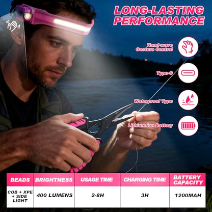 mouhike Pink Fishing Tool Set, 9 Modes Rechargeable LED Headlamp, Long Nose Fishing Pliers, Fish Lip Gripper, Night Fishing Gear Kit Fishing Gift for Men Women
