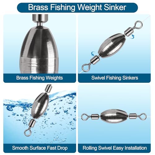 34Pcs Fishing Weights Swivel Brass Sinkers Fishing Weight, Bullet Sinker Weight Kit Tackle, Rolling Swivel Saltwater Freshwater Drop Shot Weights