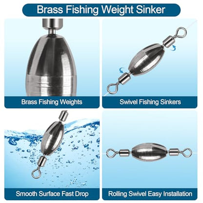 34Pcs Fishing Weights Swivel Brass Sinkers Fishing Weight, Bullet Sinker Weight Kit Tackle, Rolling Swivel Saltwater Freshwater Drop Shot Weights
