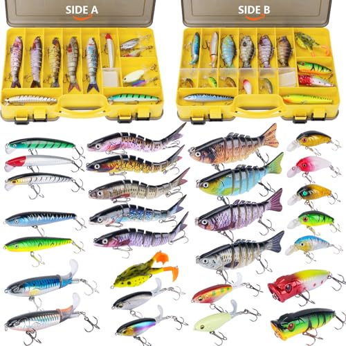THKFISH Fishing Lures Kit with Multi Jointed Swimbaits Surface Popper Crankbaits Pencil Minnow Frog, 28pcs Topwater Trout Bass Fishing Tackle Fathers Day Fishing Gifts for Men Dad