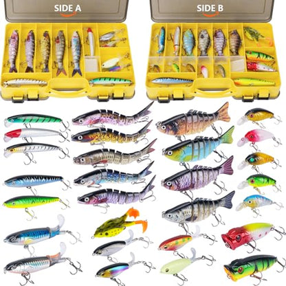 THKFISH Fishing Lures Kit with Multi Jointed Swimbaits Surface Popper Crankbaits Pencil Minnow Frog, 28pcs Topwater Trout Bass Fishing Tackle Fathers Day Fishing Gifts for Men Dad