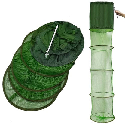 Portable Foldable Fish Basket, Collapsible Nylon Cage Basket, Fish Alive Keeping Net with Anchor Bolt for Minnows,Lobster,Crawfish, Shrimp etc-Green (54X12 in)